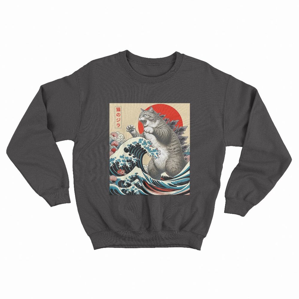 Catzilla Cat Japanese Art Funny Cat Gifts For Men Women Kid Black Sweater